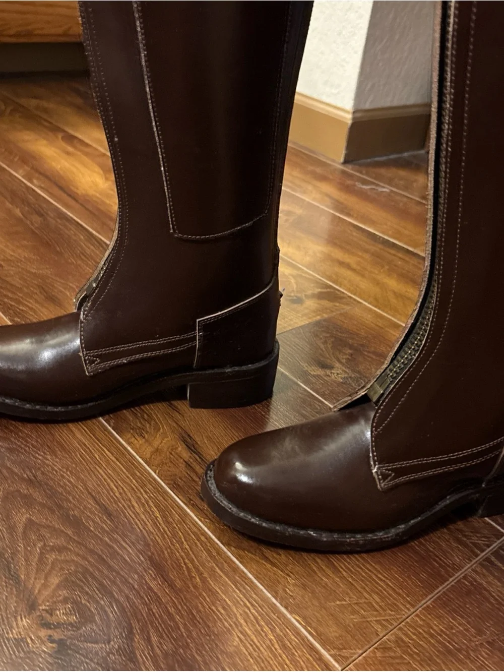 Brown Genuine Leather Riding Boots Knee High Equestrian Front Zip